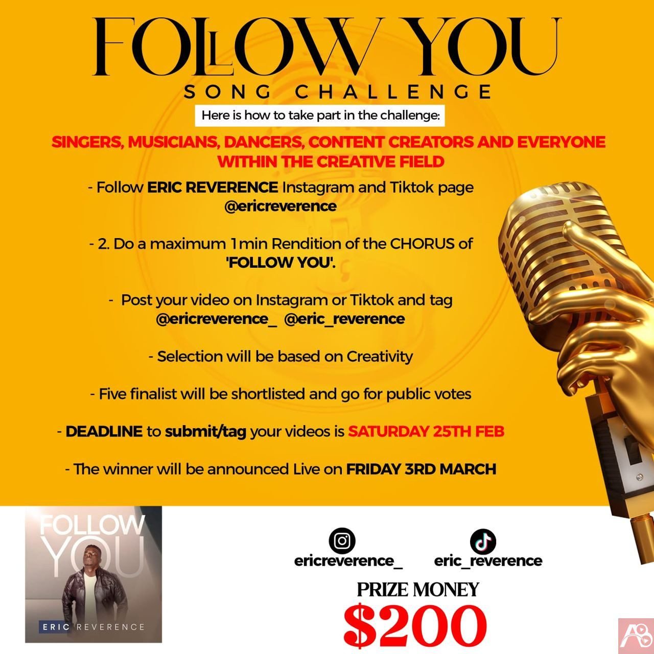 $200 Up For Grabs As Eric Reverence Announces Follow You Challenge